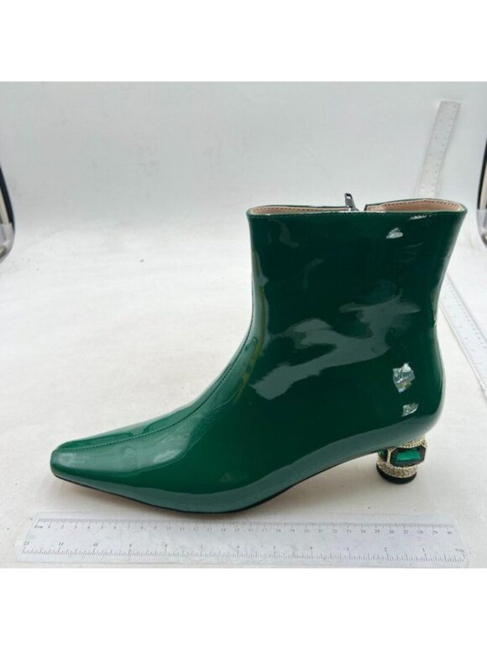 Green Round Toe Crystal Low Heel Ankle Boots Fashion Side Zipper Casual Shoes
